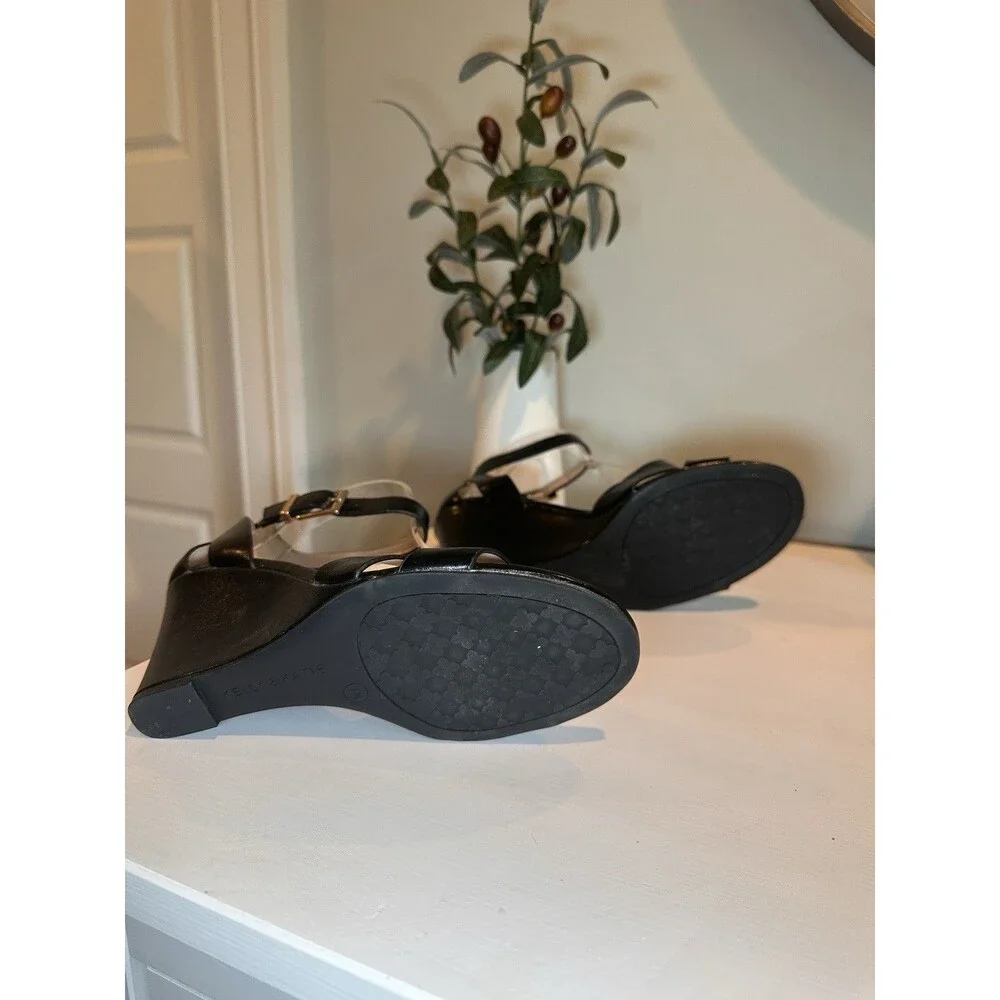 Kelly & Katie Black Ankle Strap Wedge Sandals Heels Womens Size 7M Summer Casual
